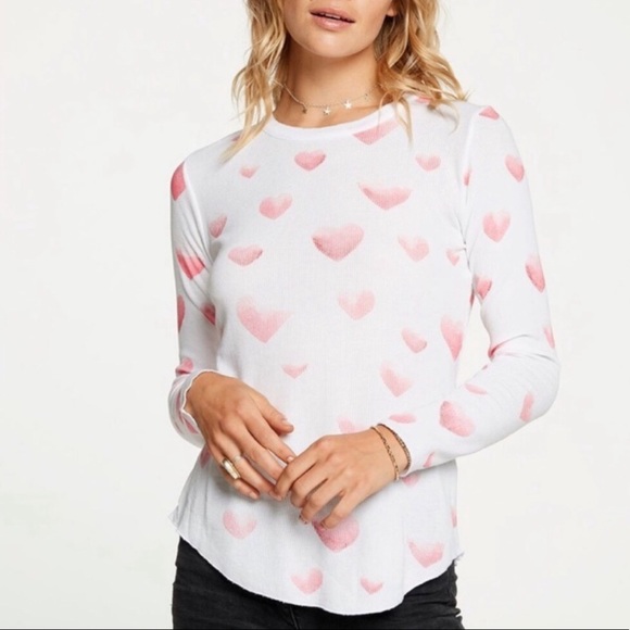NWT Chaser White with Pink Ombré Hearts Thermal Knit Crew Neck Long Sleeve Shirt - Picture 15 of 15
